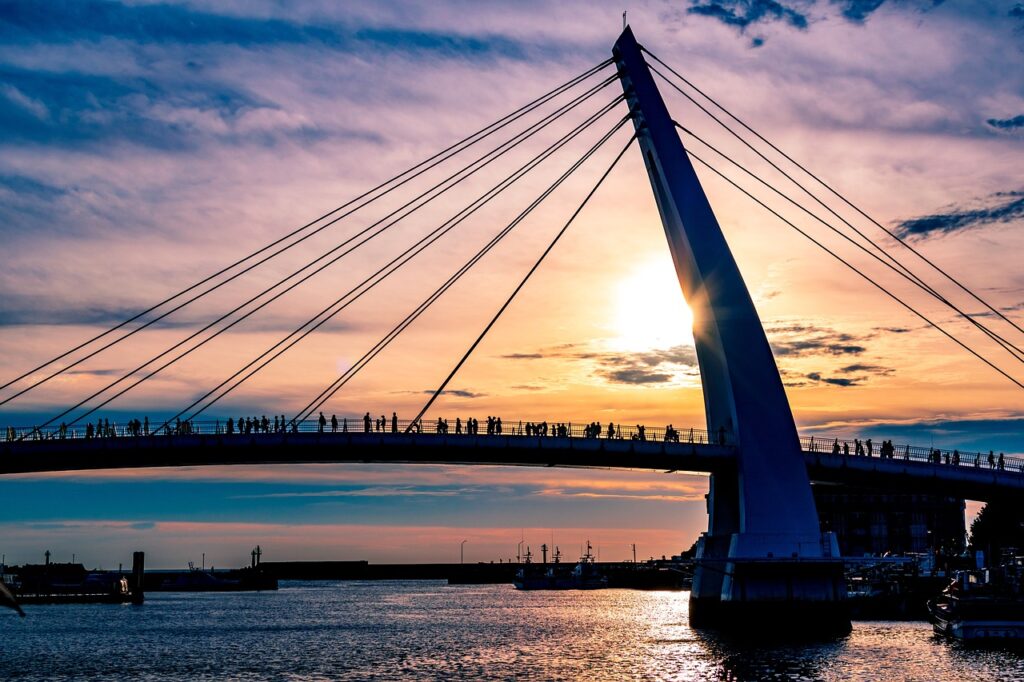 bridge, river, sunset